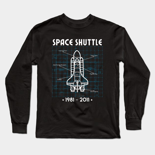 Space Shuttle Rocket Blueprint Spaceship Long Sleeve T-Shirt by Foxxy Merch